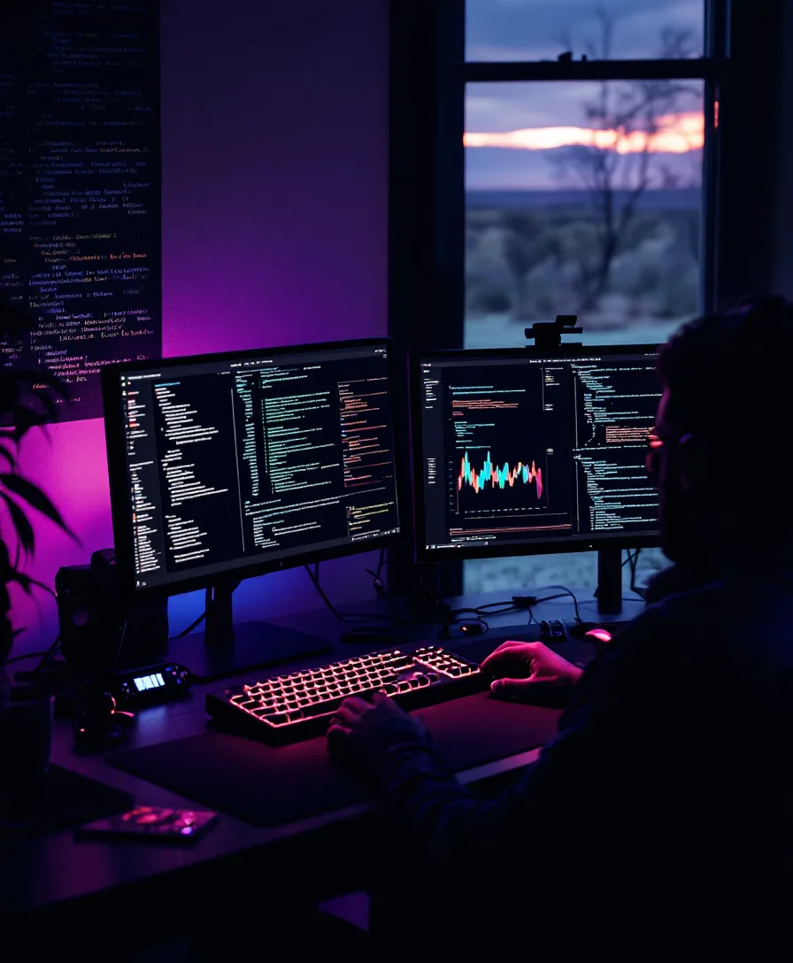 A security tester working at a dark desk lit by pink-accented terminal screens